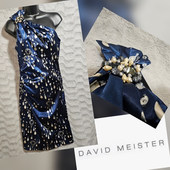 David Meister Blue Pearl Satin One Shoulder Sheath Cocktail Dress Jewel Print 6 - Picture 2 of 15